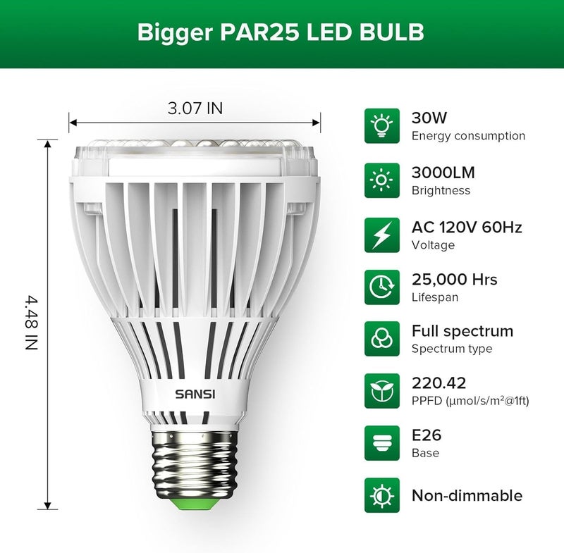 Sansi مصباح نمو LED بقوة 250 واط، PAR25 30 واط 5000K + 660 نانومتر مصباح نمو كامل الطيف للنباتات الداخلية، 25,000 ساعة عمر افتراضي لمصابيح النباتات مع قاعدة E26 - Image 2